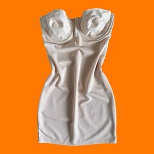 90's vintage cream minimalist bodycon micro mini dress shapewear chemise 34B
